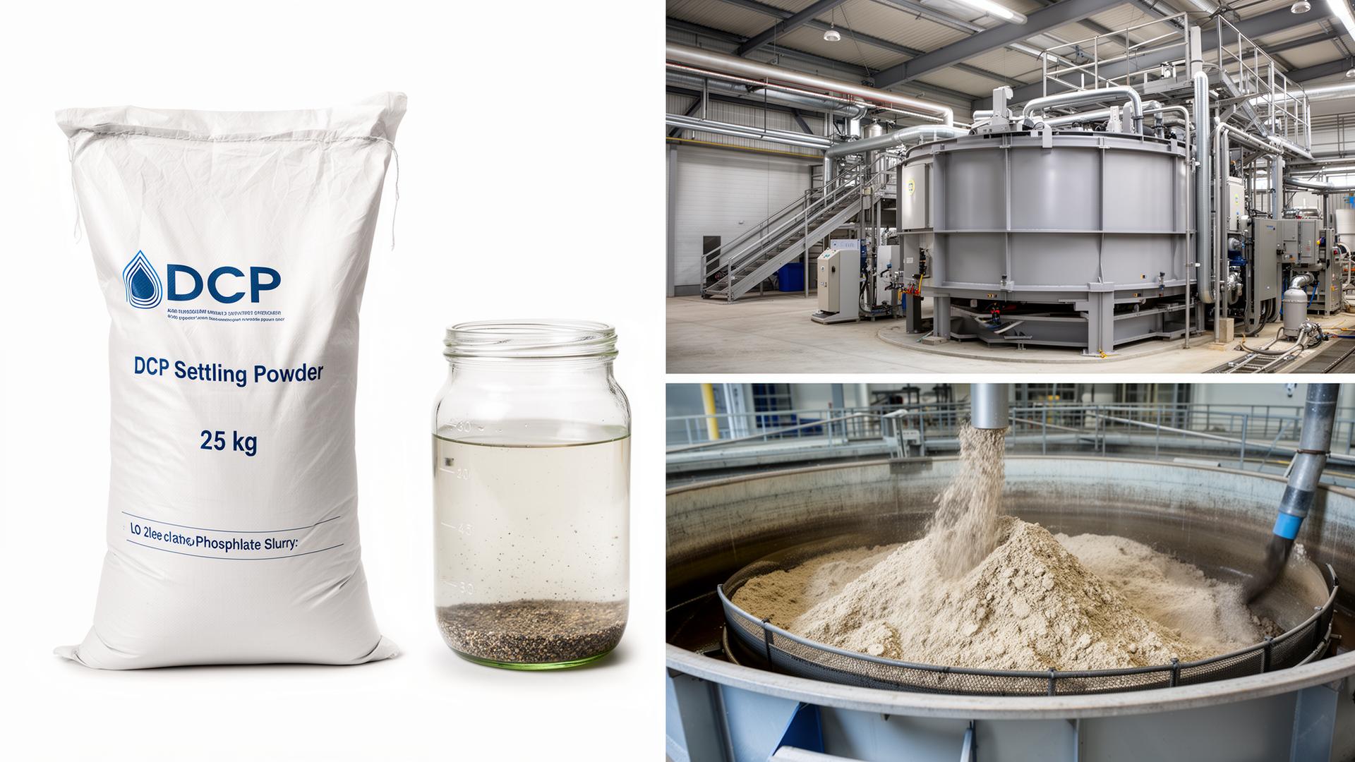 DCP Slurry Settling Agent overview — 25 kg powder packaging, jar test showing clarified supernatant, industrial clarifier and settling tank