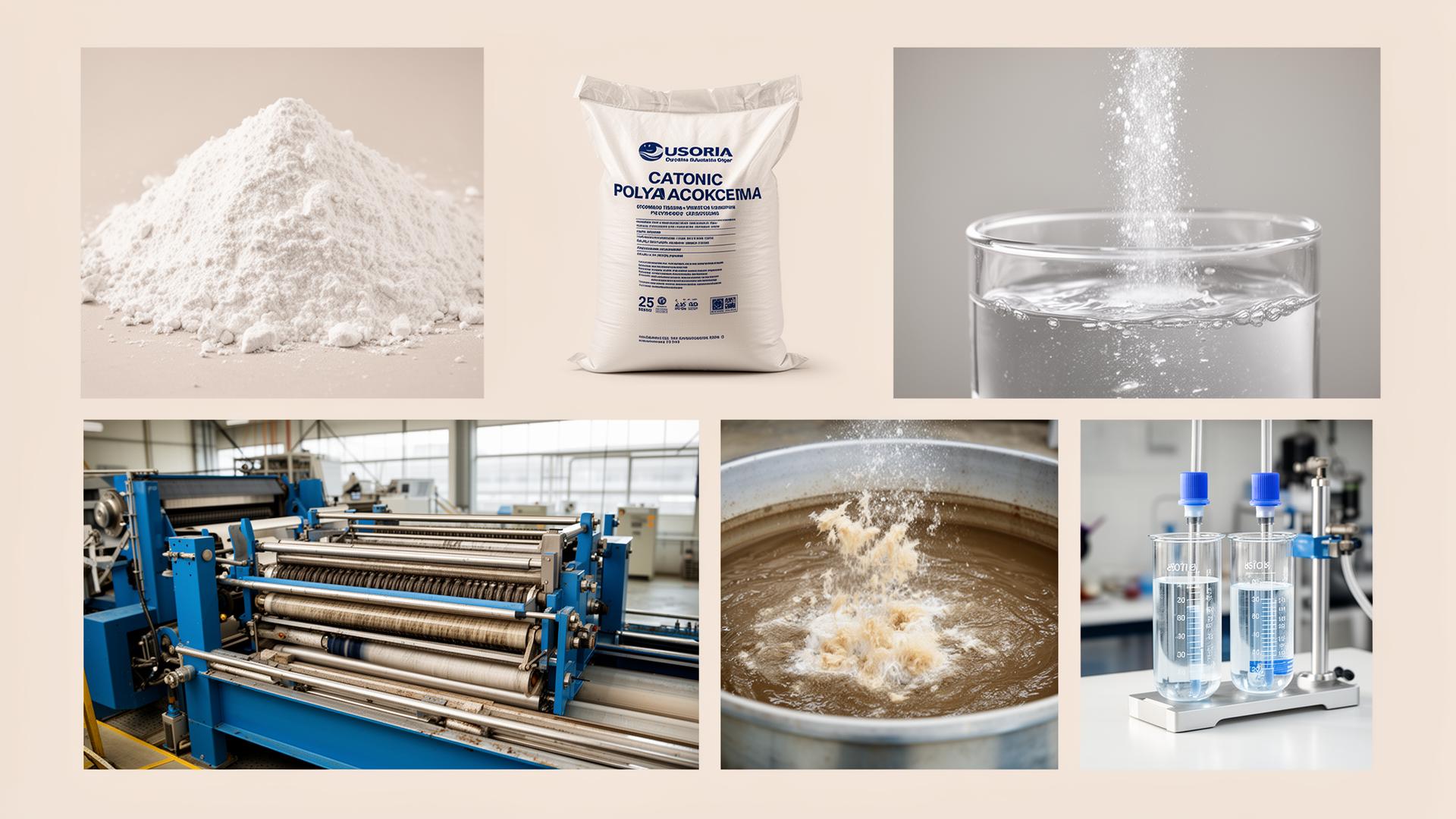 Cationic Polyelectrolyte product overview — powder, 25 kg packaging, dissolution in water, belt press sludge dewatering, flocculation in clarifier, and lab jar test