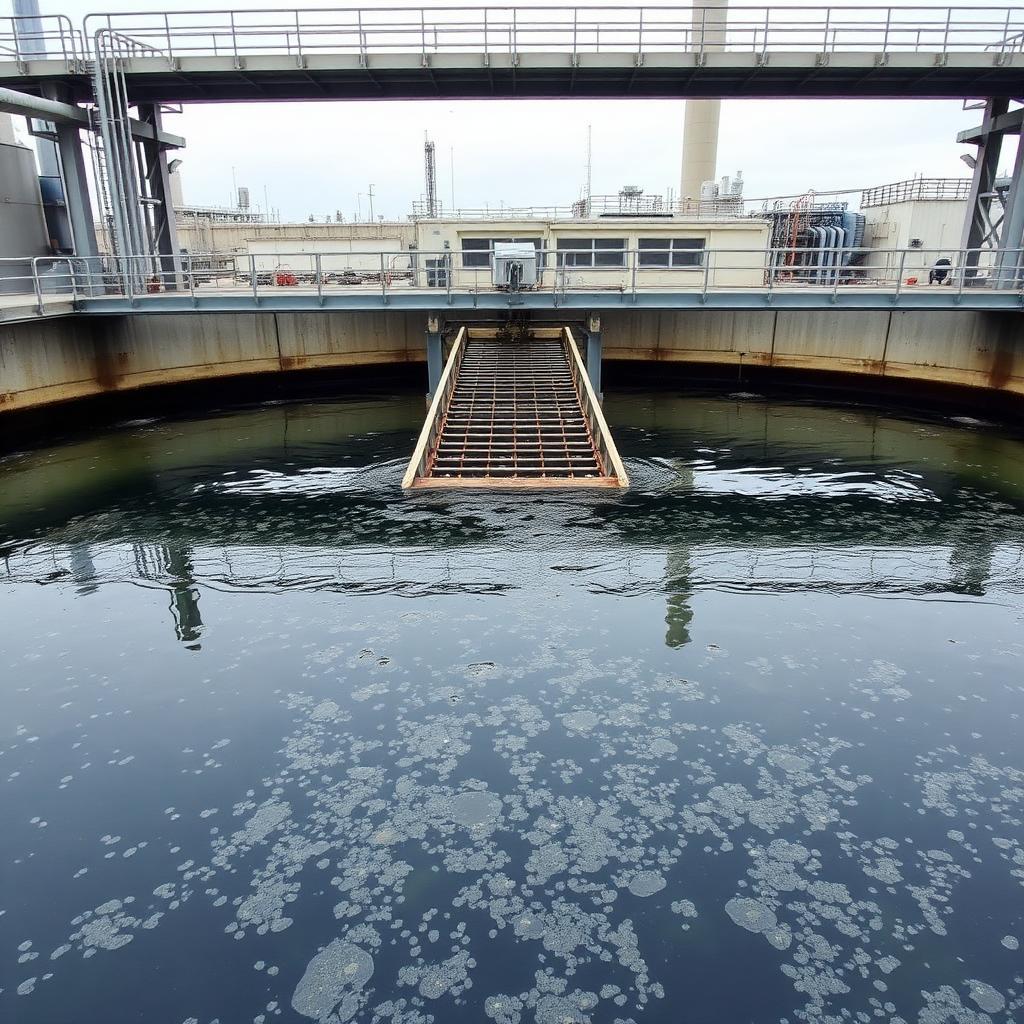 Industrial wastewater treatment clarifier with rake bridge — where flocculant chemistry does the work