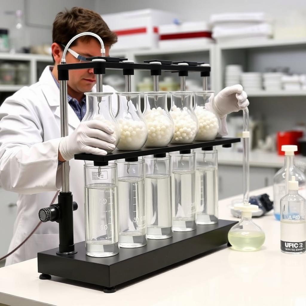 Chemist running a six-jar flocculation test in the lab to compare polyelectrolyte grades
