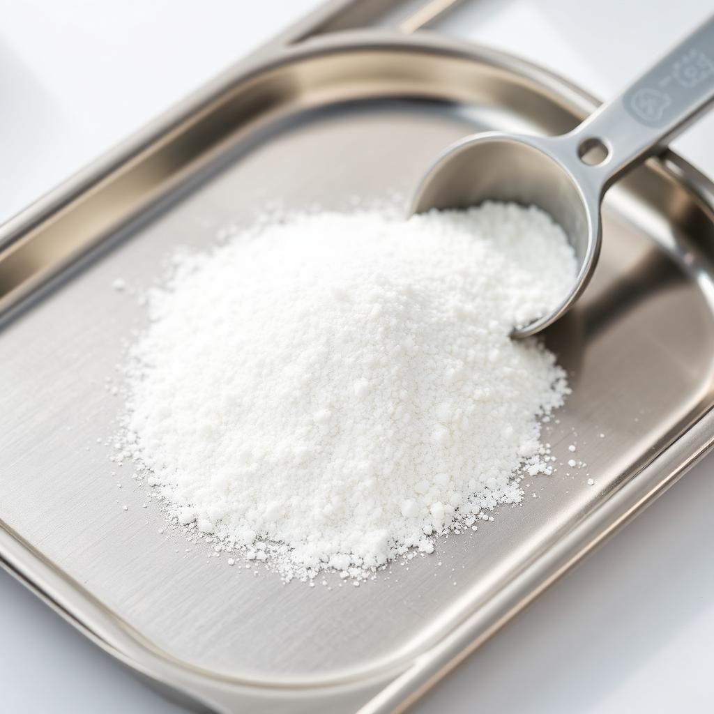 Close-up of white granular polyacrylamide flocculant powder with a scoop on a stainless tray