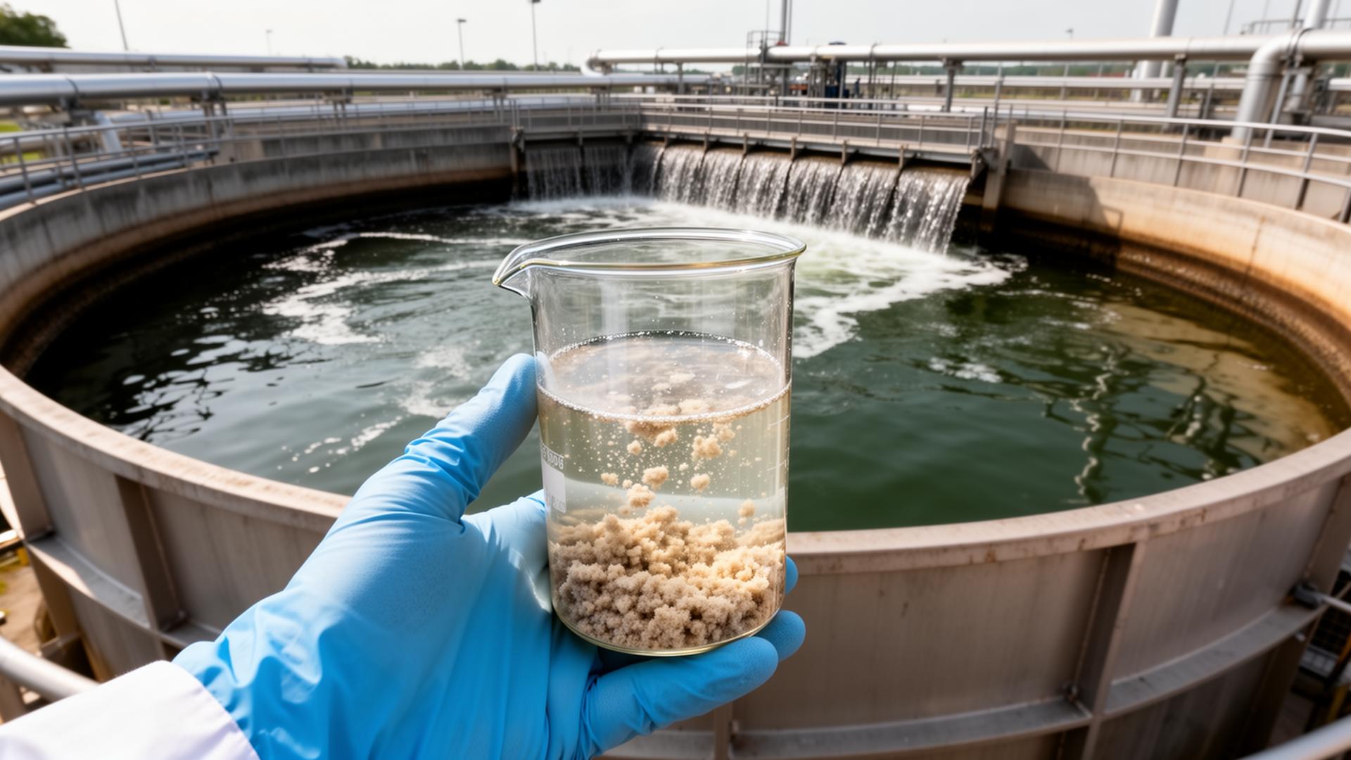 Industrial clarifier with flocculated particles in a beaker held by a plant operator