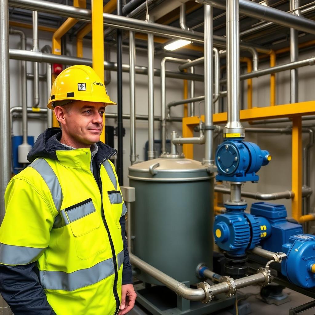 Operator at a polymer make-up unit with mixer tank and dosing pumps in an industrial water treatment plant
