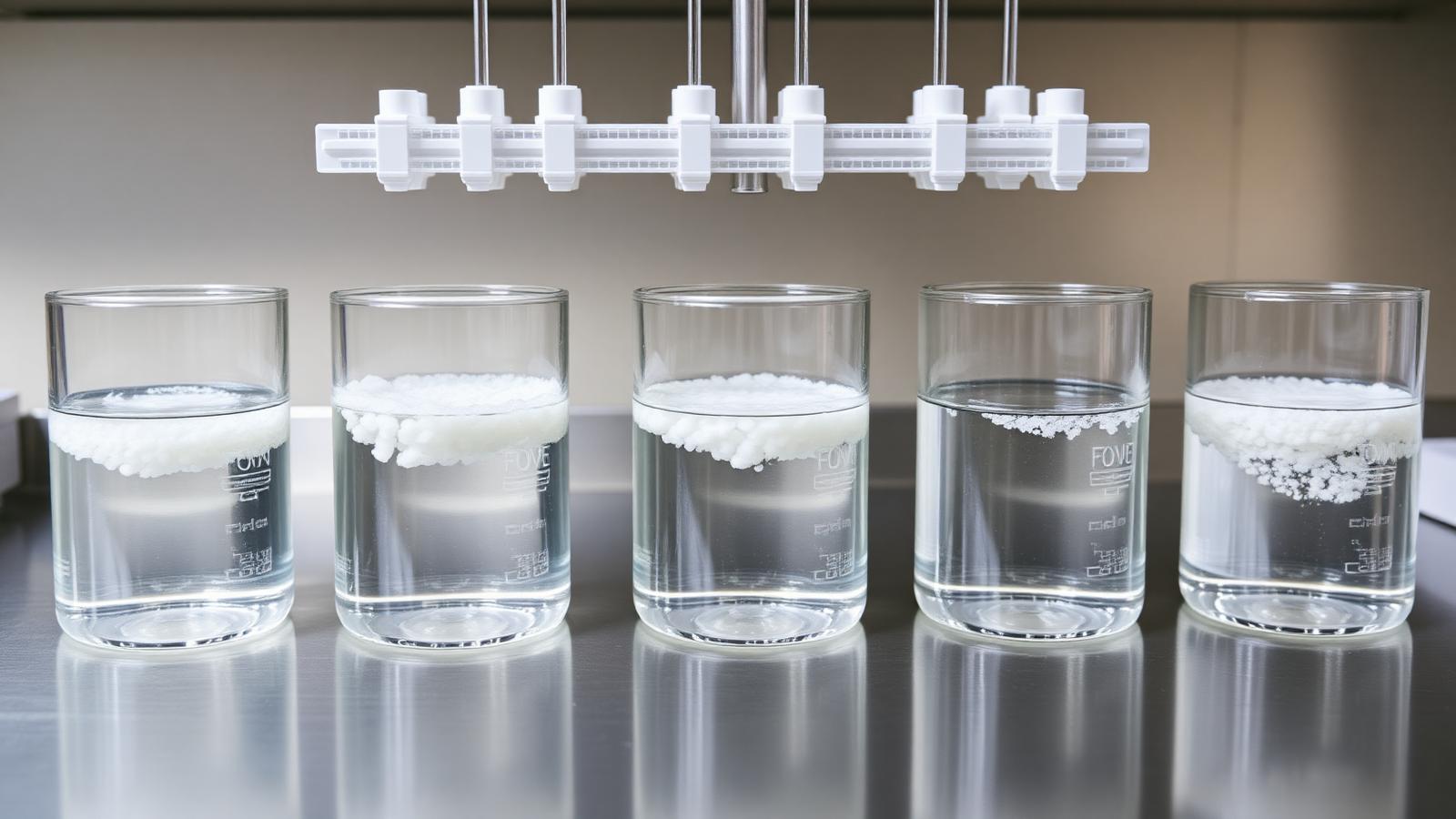 Jar test beakers with polymer flocs settling in cloudy water samples on a stainless steel lab bench