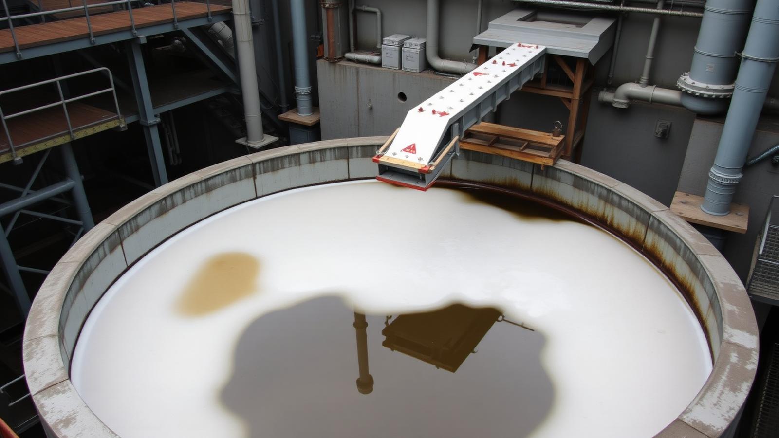 DAF (dissolved air flotation) clarifier tank at a paper mill effluent plant with floated sludge on the surface