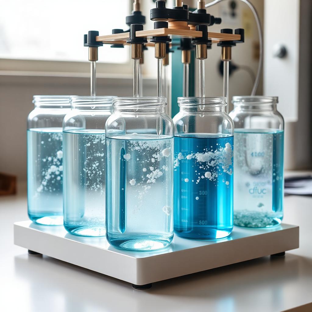 Six-paddle jar test apparatus with beakers showing flocculation for industrial water treatment evaluation