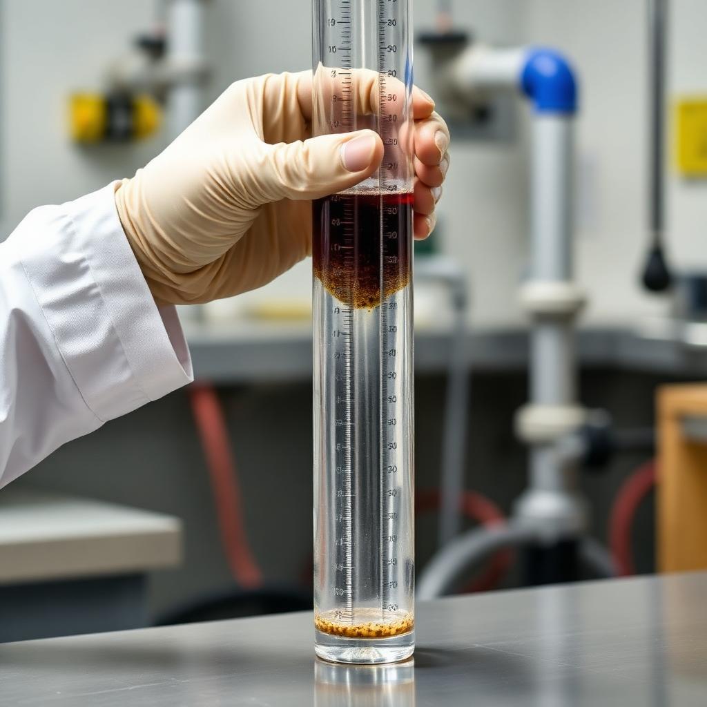 Graduated cylinder showing settled sludge interface and clear supernatant — a standard settling rate observation