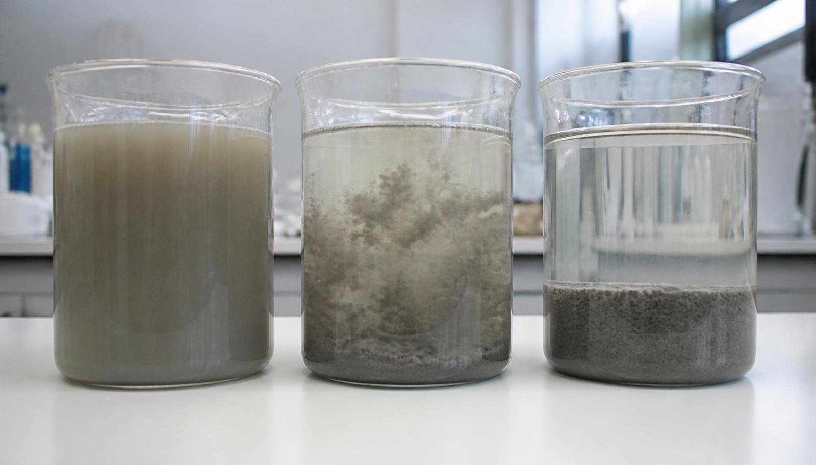 Three jar test beakers showing progressive settling — cloudy slurry, flocs forming, and fully settled with clear water on top