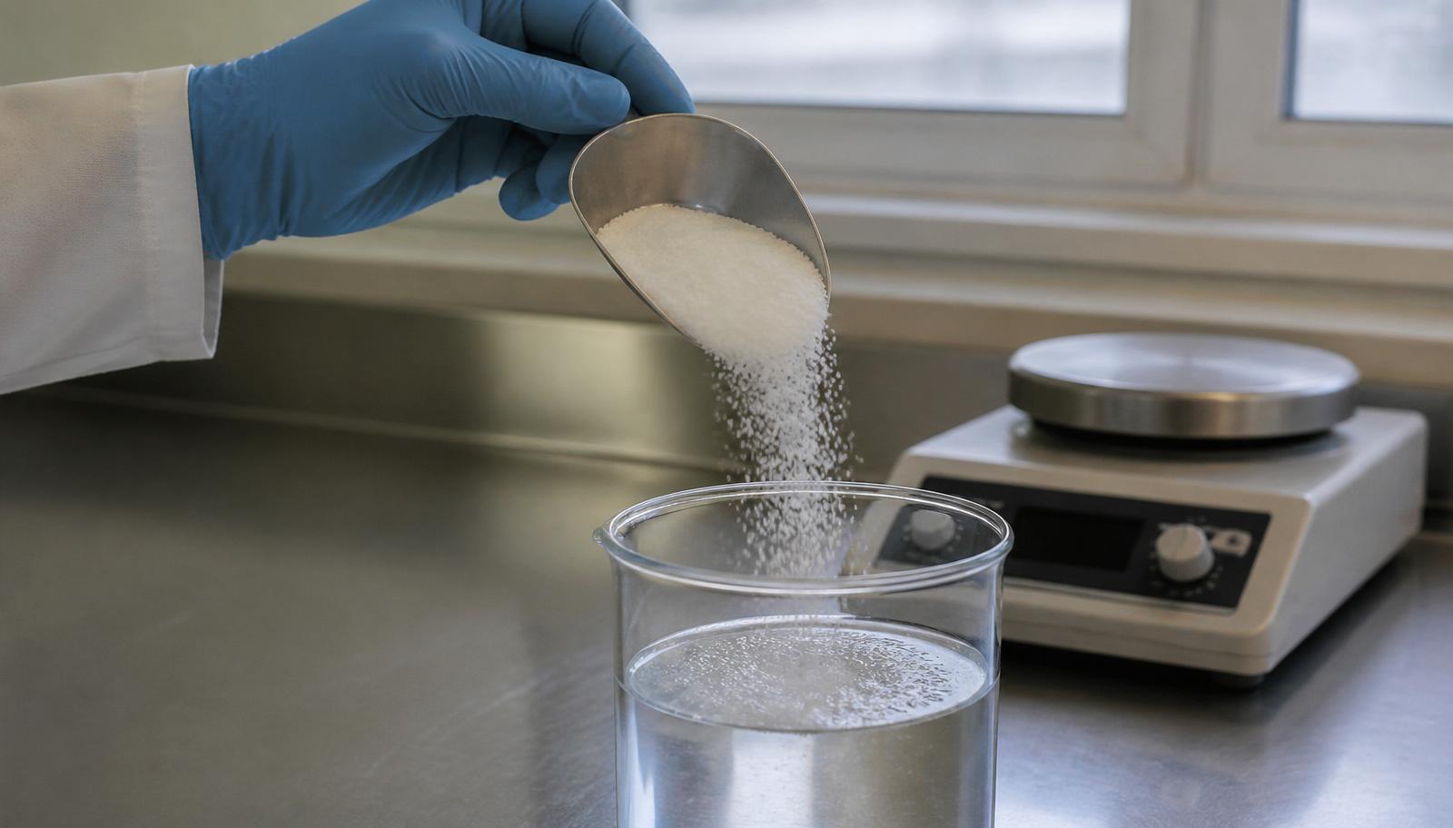 Chemist pouring white granular polyacrylamide settling powder from a scoop into a beaker of water for solution preparation