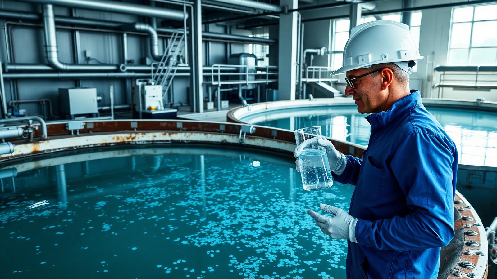 Industrial clarifier and settling tanks at a process facility with operator inspecting clarified water