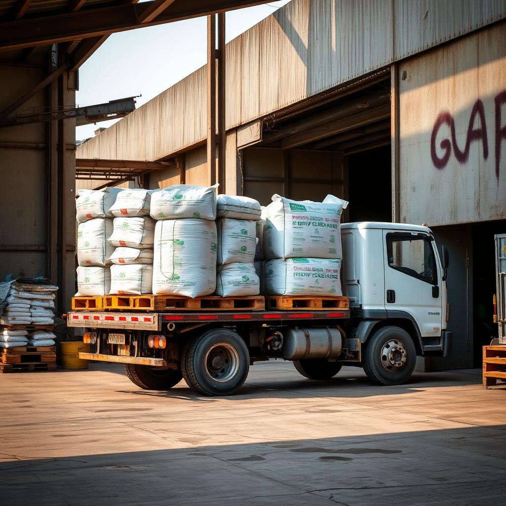 Truck being loaded with palletised bags of industrial chemical at a warehouse dock in Gujarat for dispatch across India