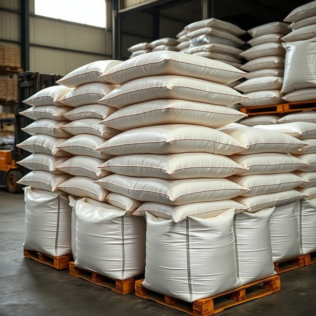 25 kg HDPE laminated bags of industrial chemical powder stacked on pallets in a warehouse ready for dispatch across India